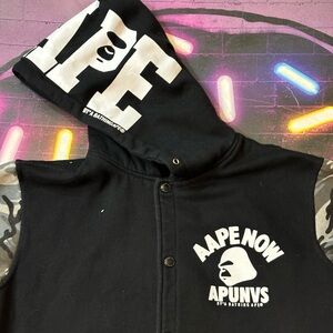 Aape By A Bathing Ape Bape Hoodie Button up Size Medium Black Camo Streetwear